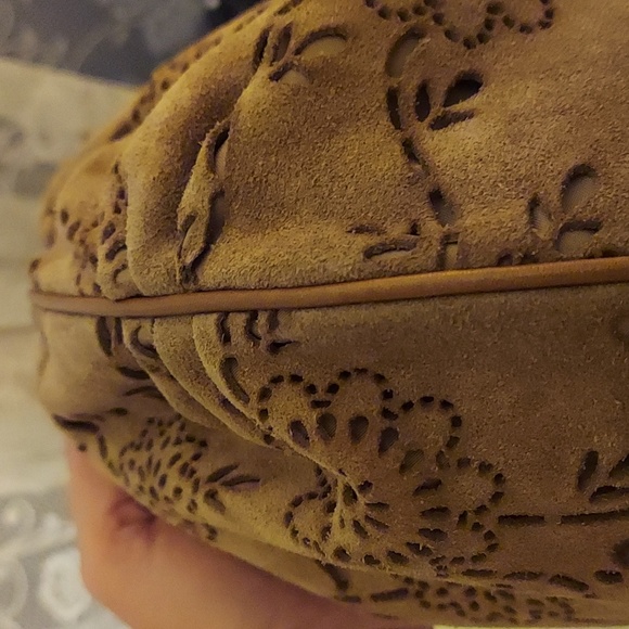 COLE HAAN Suede Laser Etched Floral Motif Hobo Bag w/ Leather Braided Strap - Picture 10 of 13